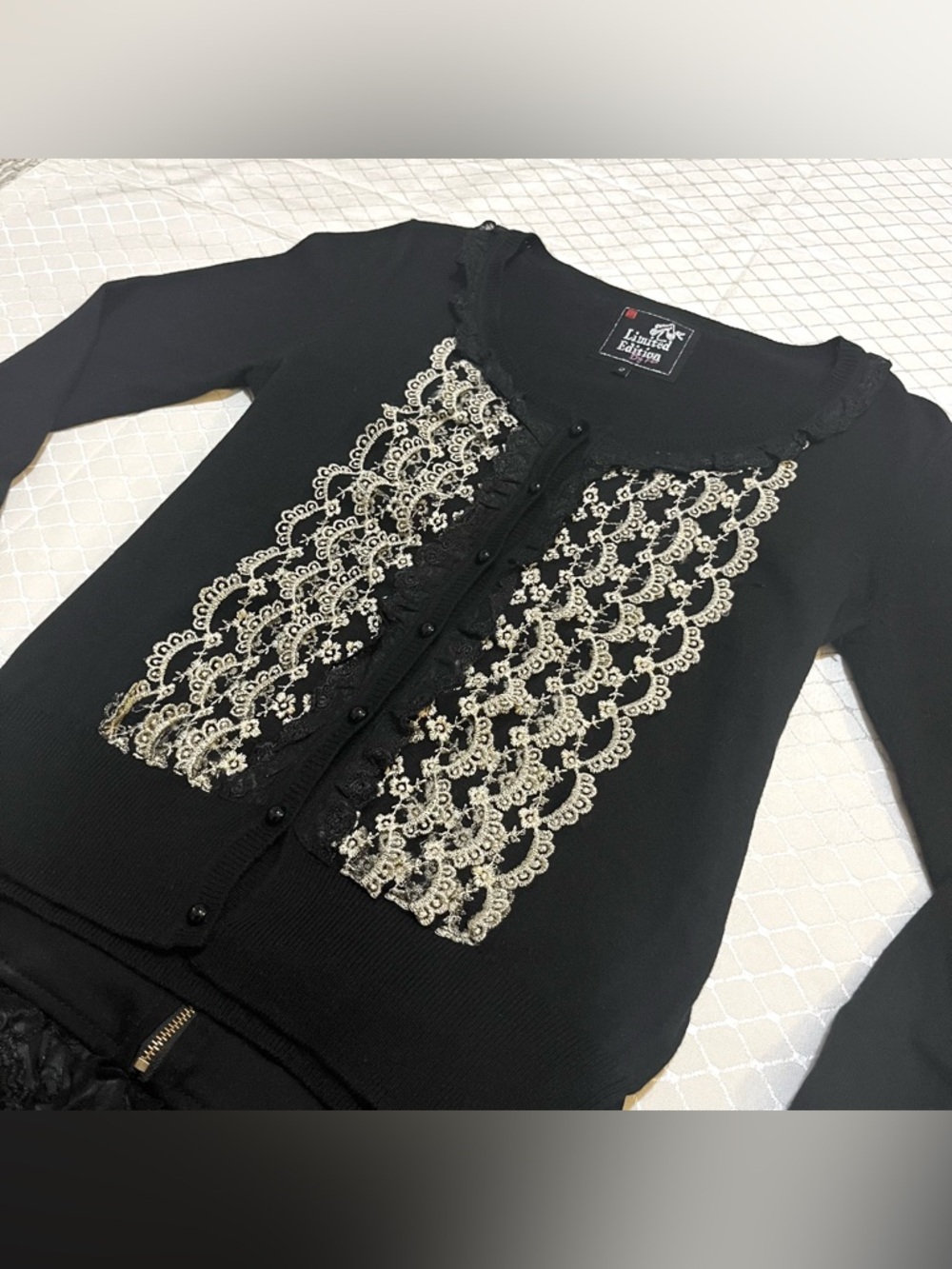 Y2K FOX Black & Gold Floral Frill Ruffle Lace Button Cardigan Limited Edition - Picture 5 of 14